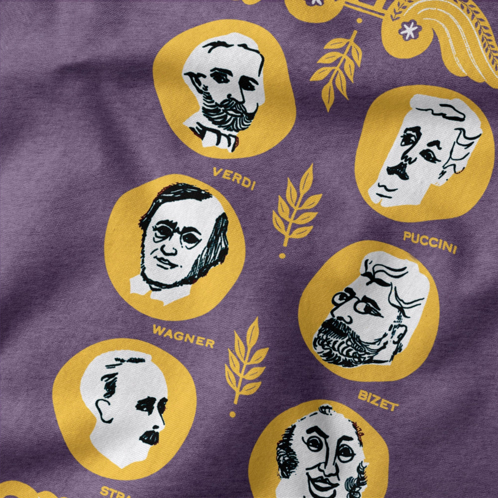 the opera society classic tee in heather team purple, close-up of the print