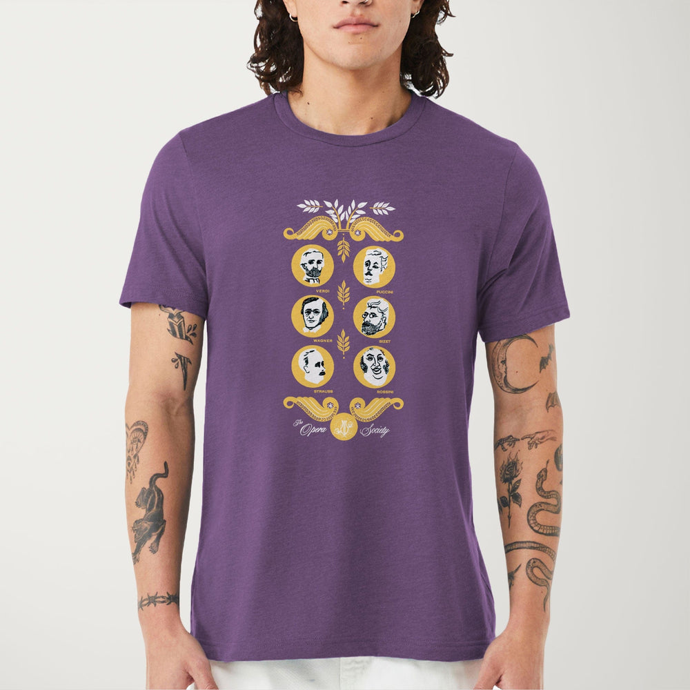 the opera society classic tee in heather team purple, worn
