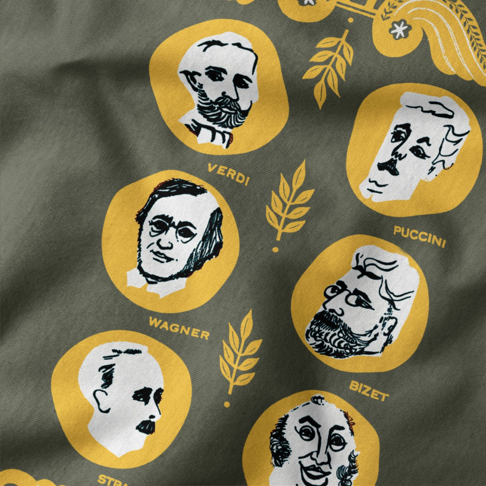the opera society classic tee in military green, close-up of the print