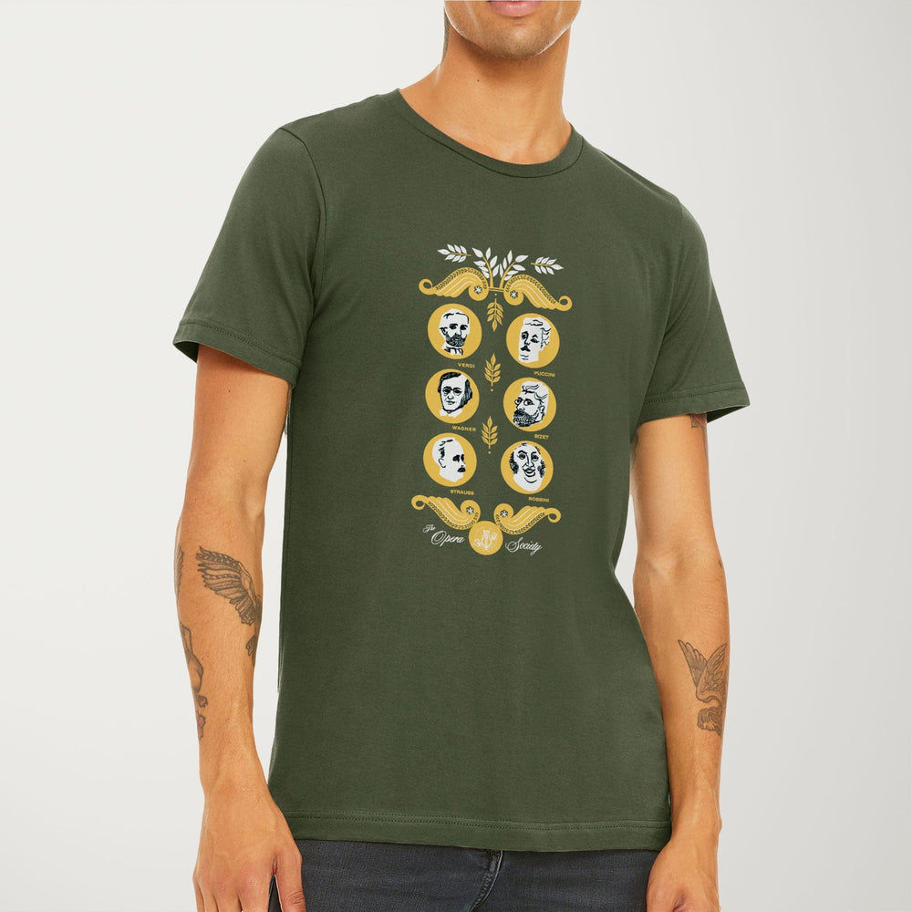 the opera society classic tee in military green, worn