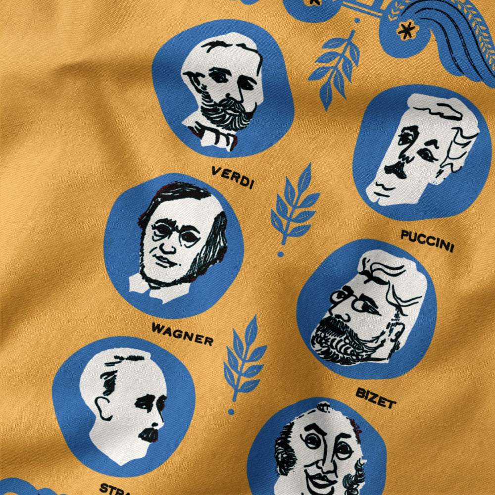 the opera society classic tee in mustard, close-up of the print