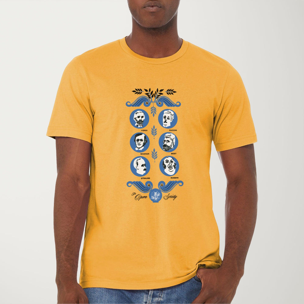 the opera society classic tee in mustard, worn