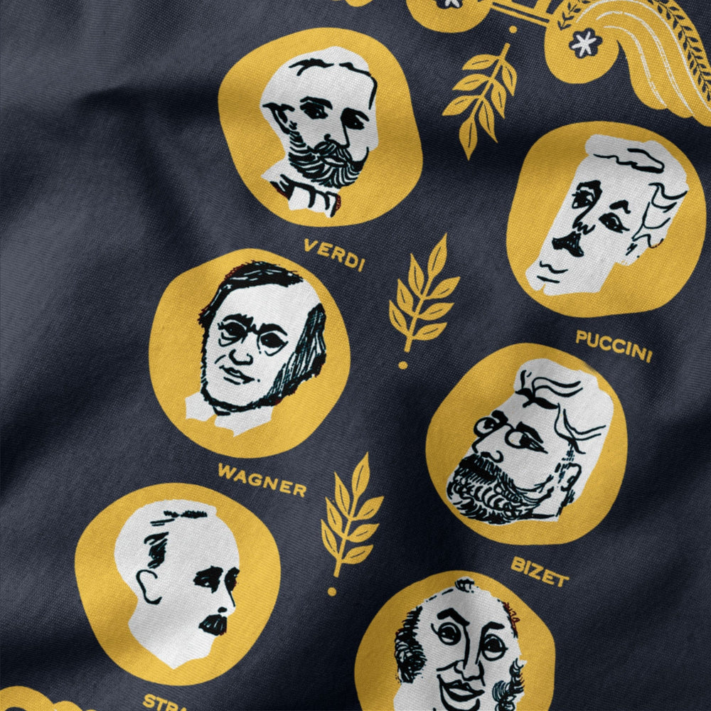 the opera society classic tee in navy, close-up of the print