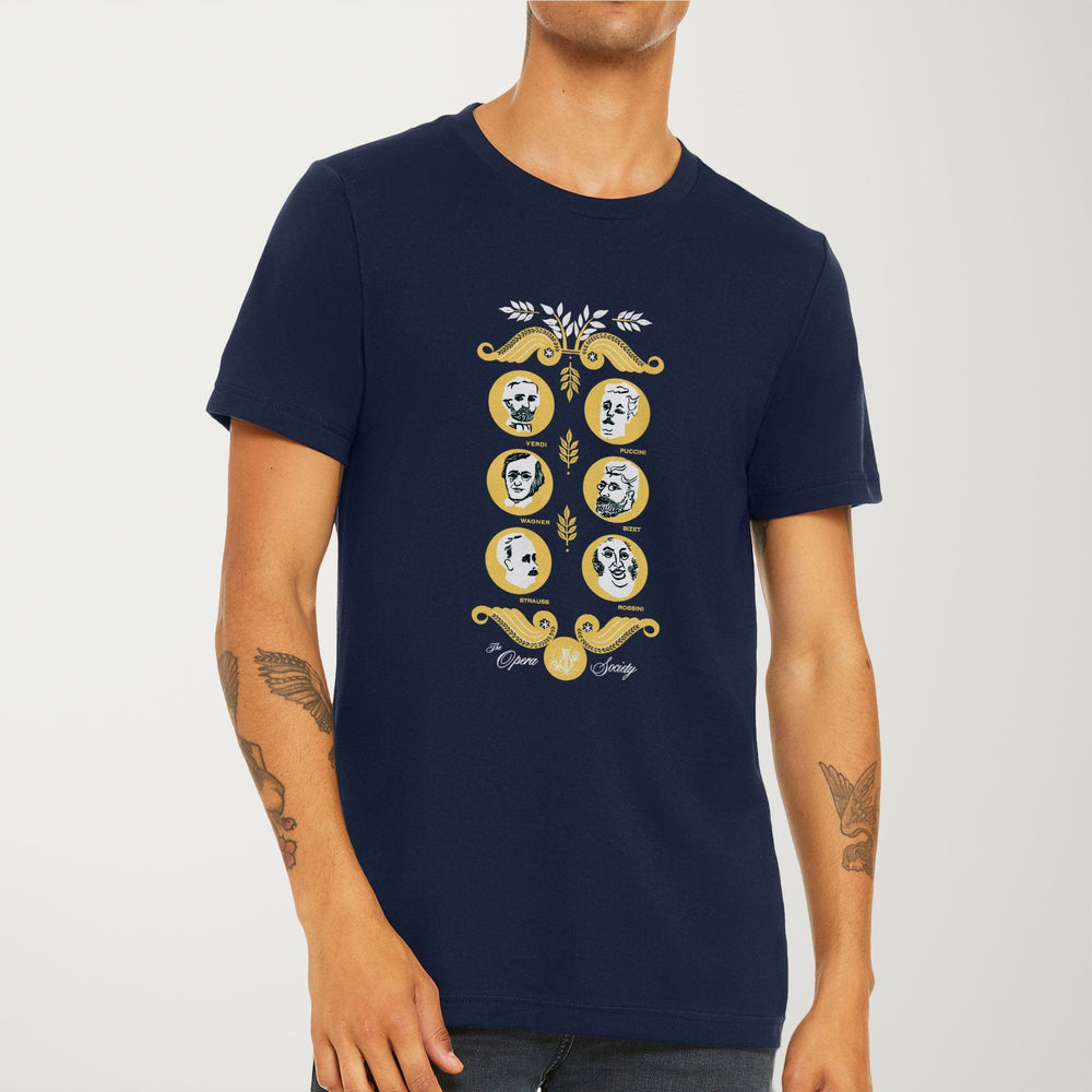 the opera society classic tee in navy, worn