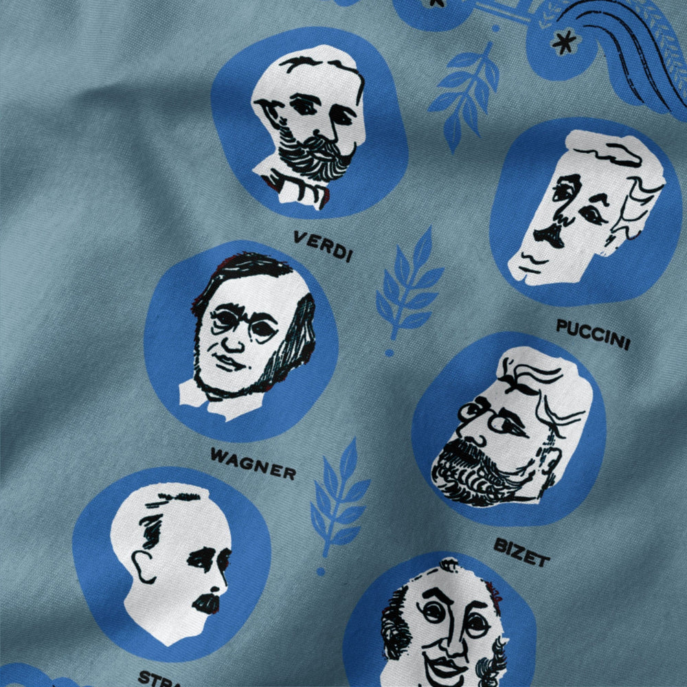 the opera society classic tee in steel blue, close-up of the print