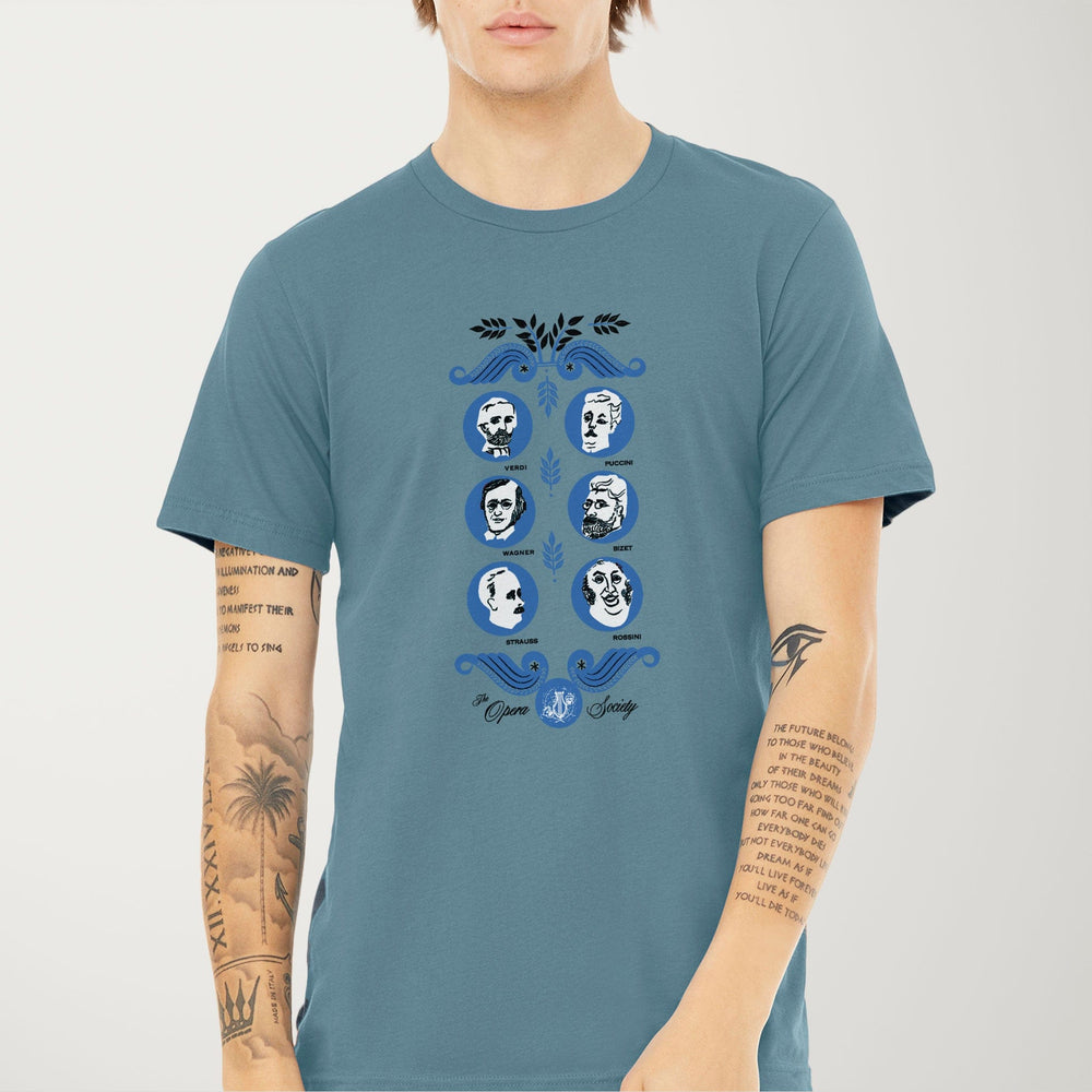 the opera society classic tee in steel blue, worn