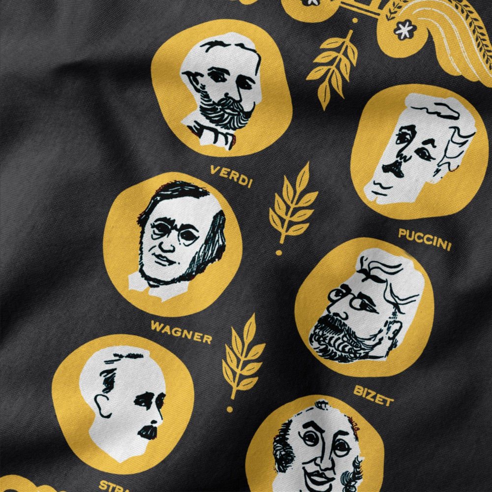 the opera society classic tee in vintage black, close-up of the print