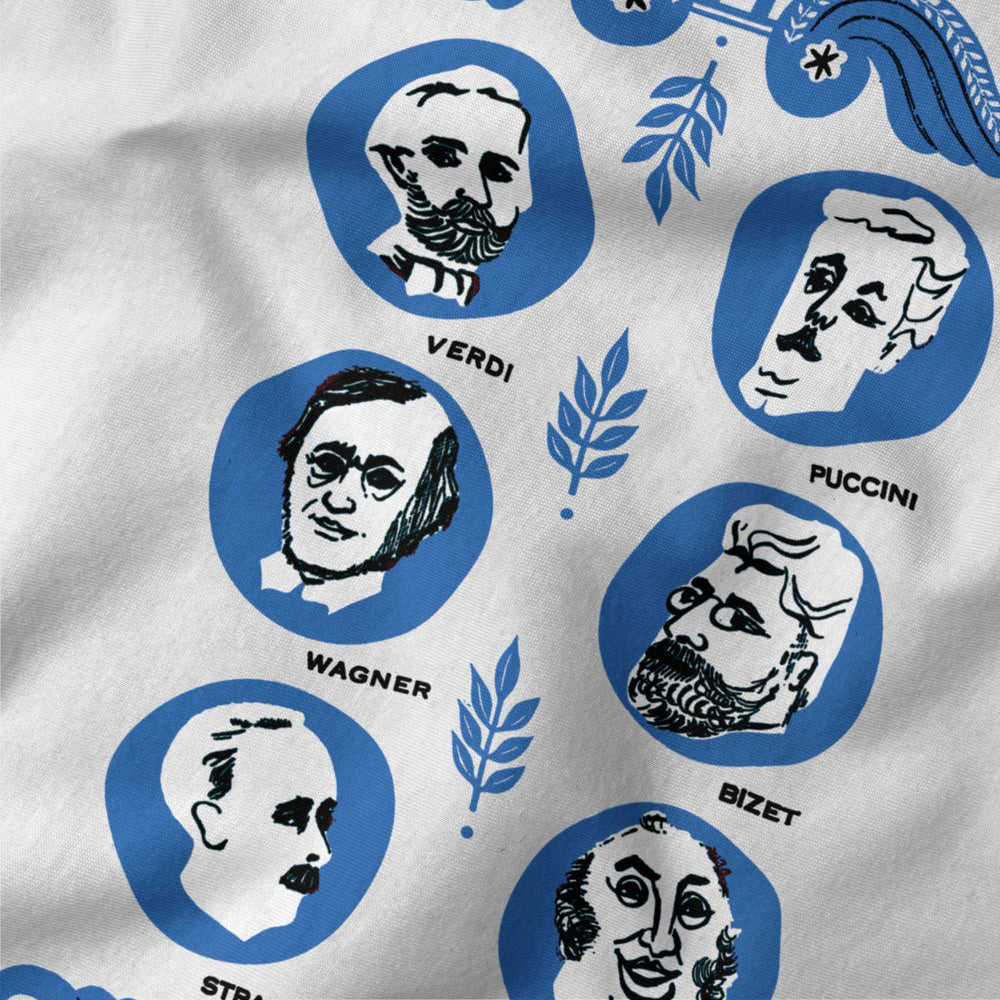 the opera society classic tee in vintage white, close-up of the print