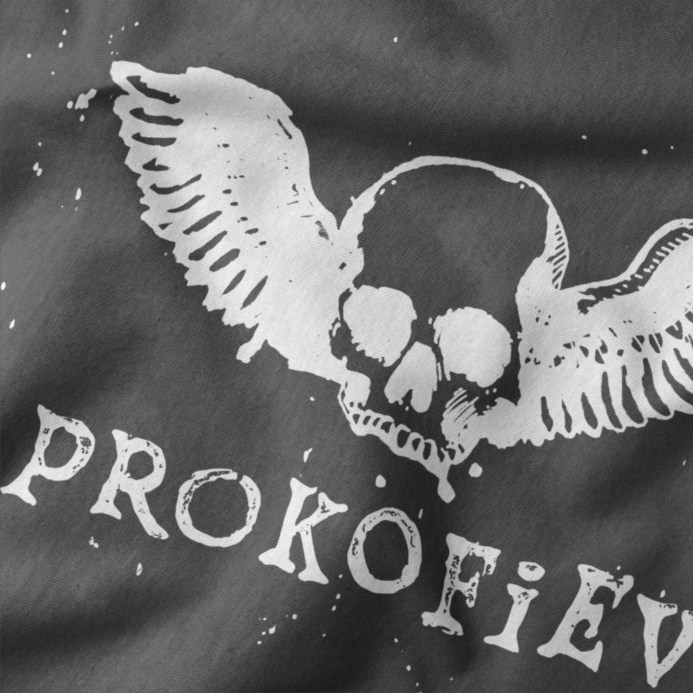 prokofiev: skull classic tee in asphalt, close-up of the print