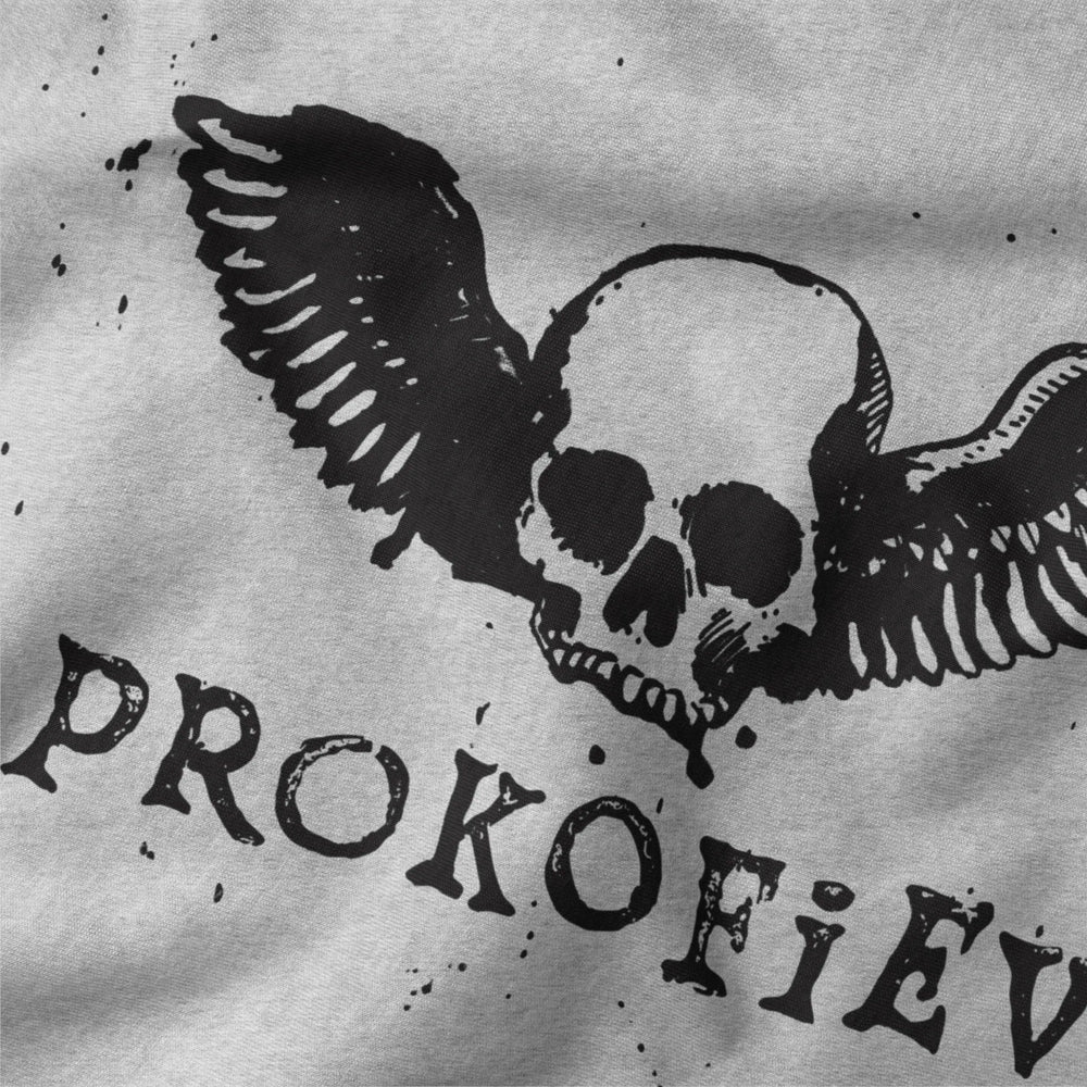 prokofiev: skull classic tee in athletic heather, close-up of the print