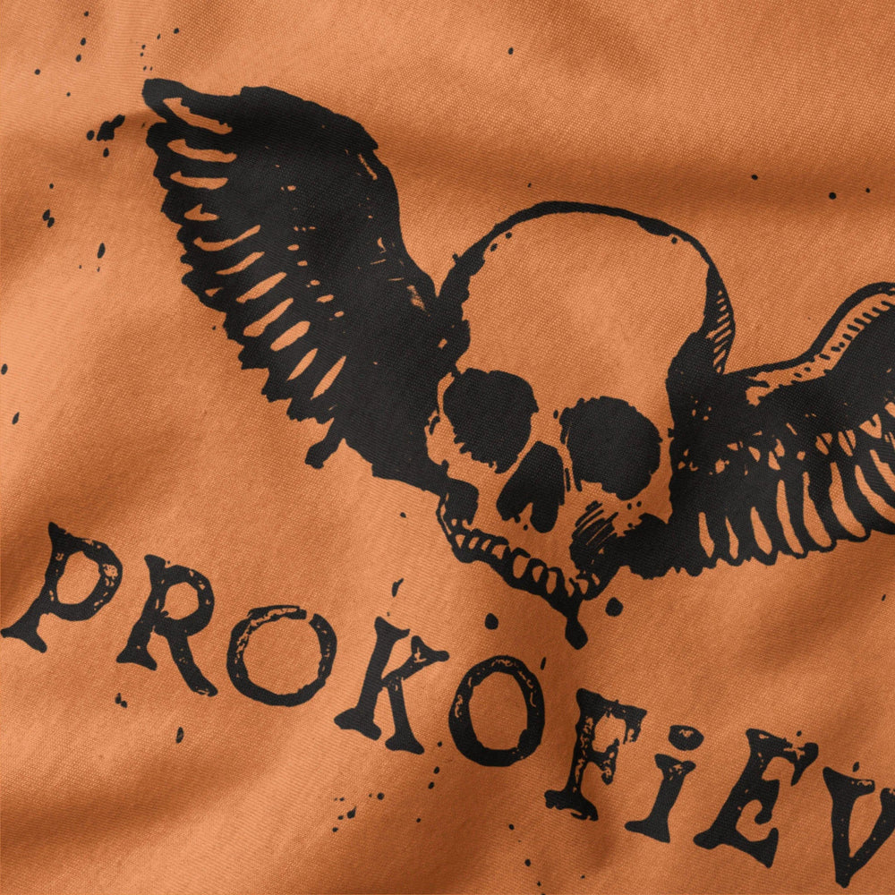 prokofiev: skull classic tee in burnt orange, close-up of the print