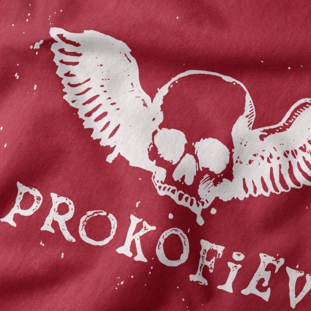 prokofiev: skull classic tee in canvas red, close-up of the print