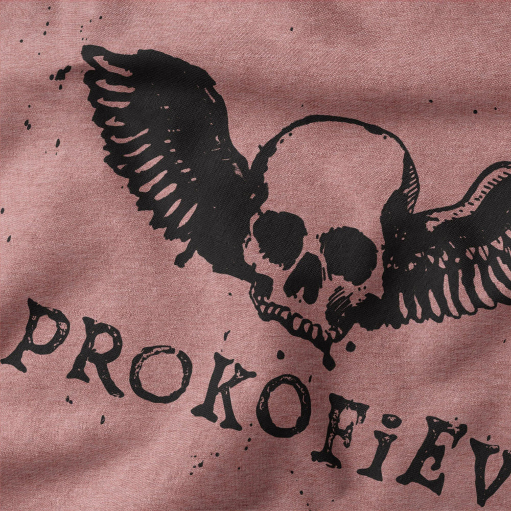 prokofiev: skull classic tee in heather mauve, close-up of the print