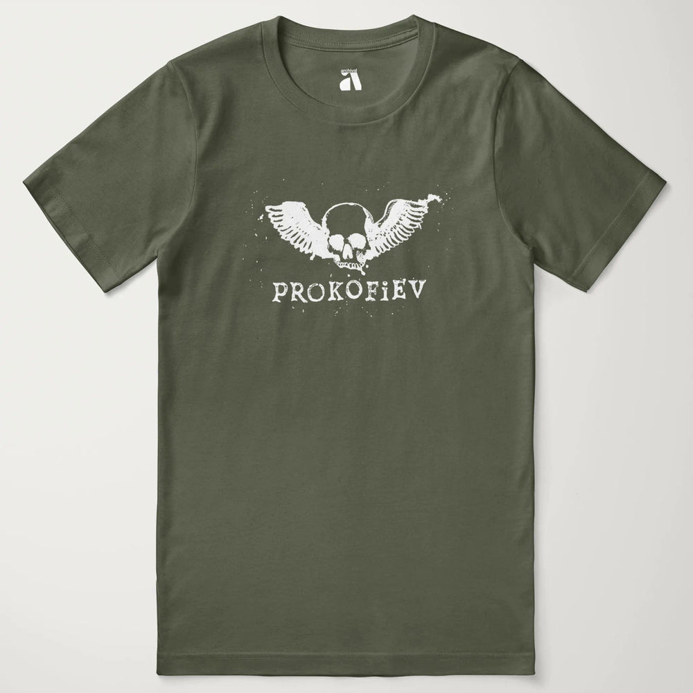 prokofiev: skull classic tee in military green, laid flat