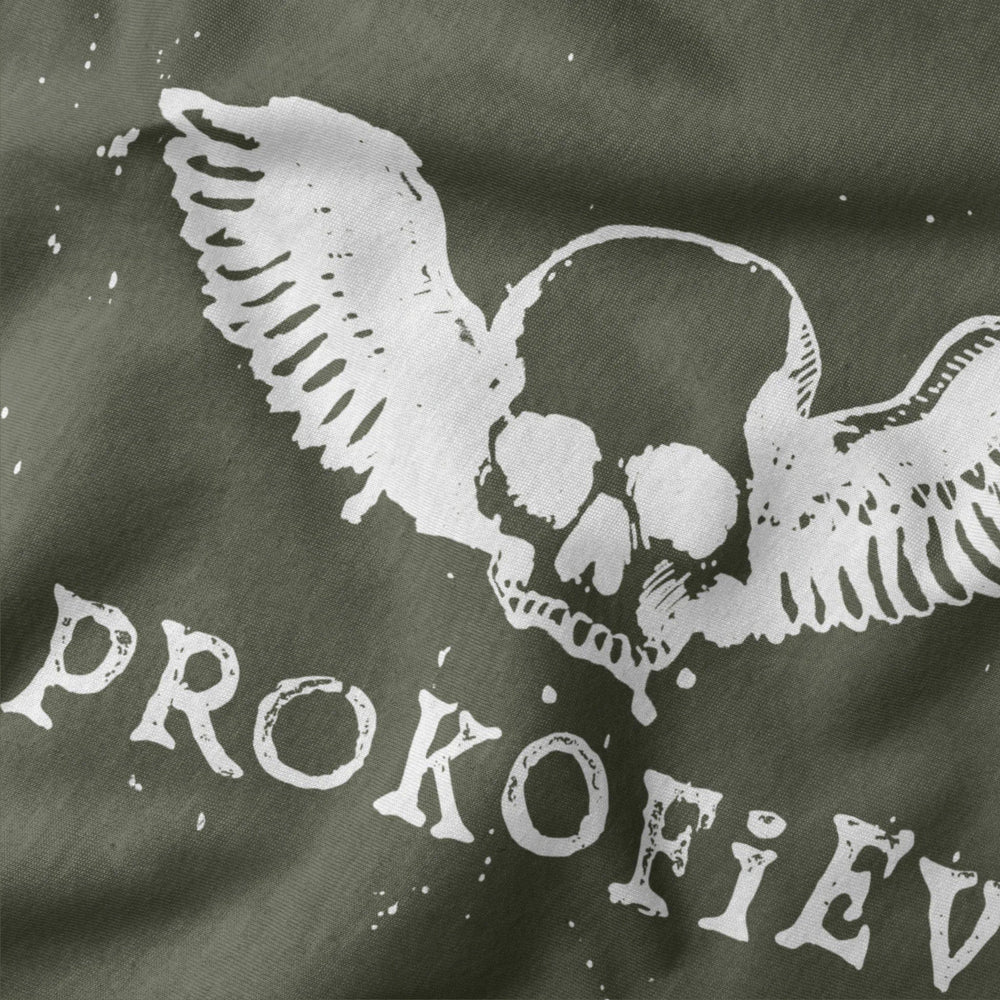 prokofiev: skull classic tee in military green, close-up of the print