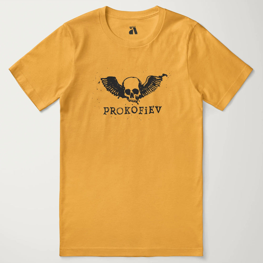 prokofiev: skull classic tee in mustard, laid flat
