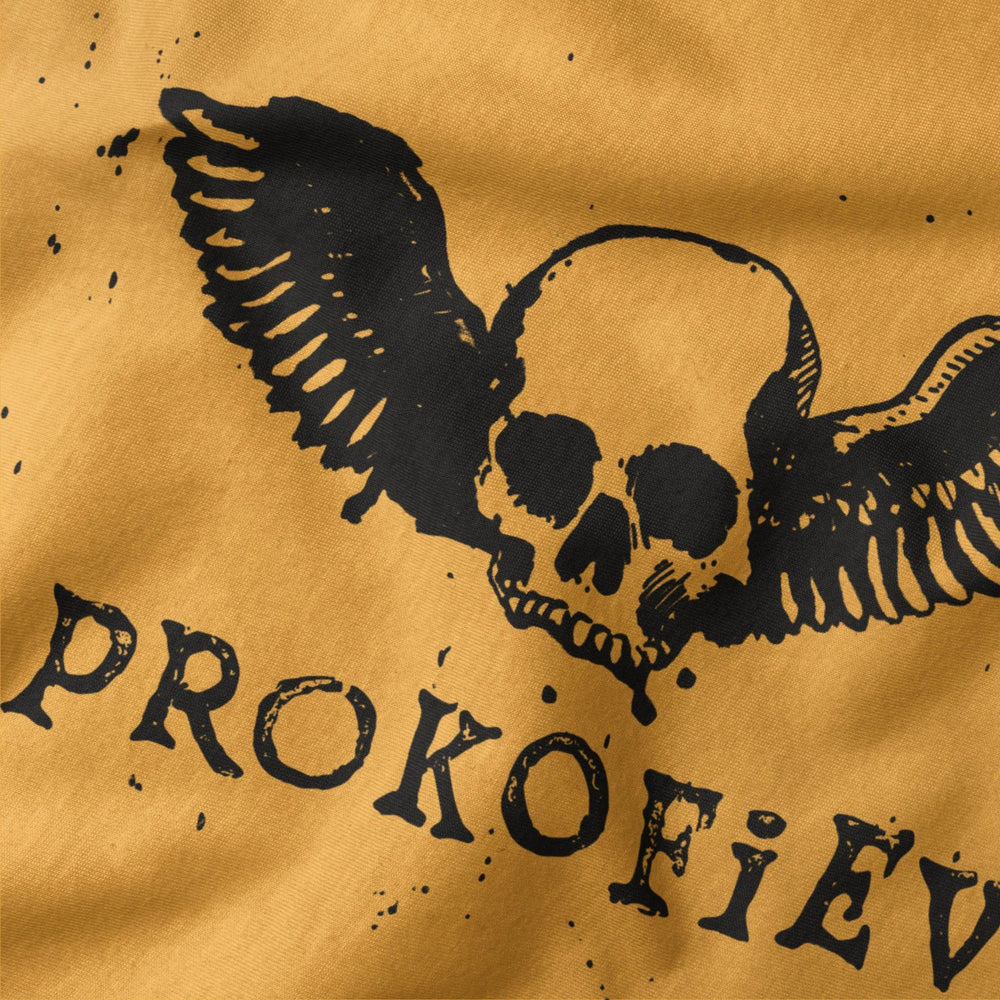 prokofiev: skull classic tee in mustard, close-up of the print