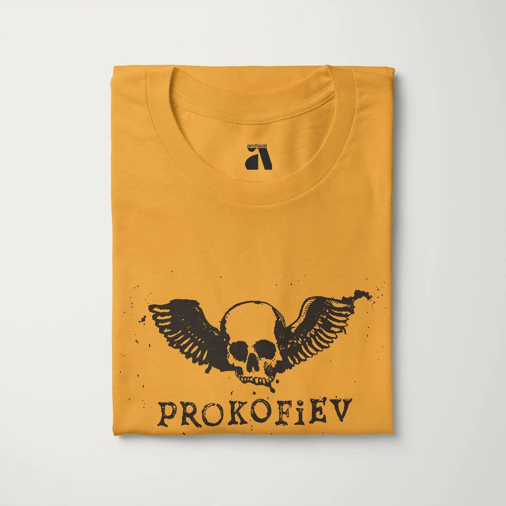prokofiev: skull classic tee in mustard, folded