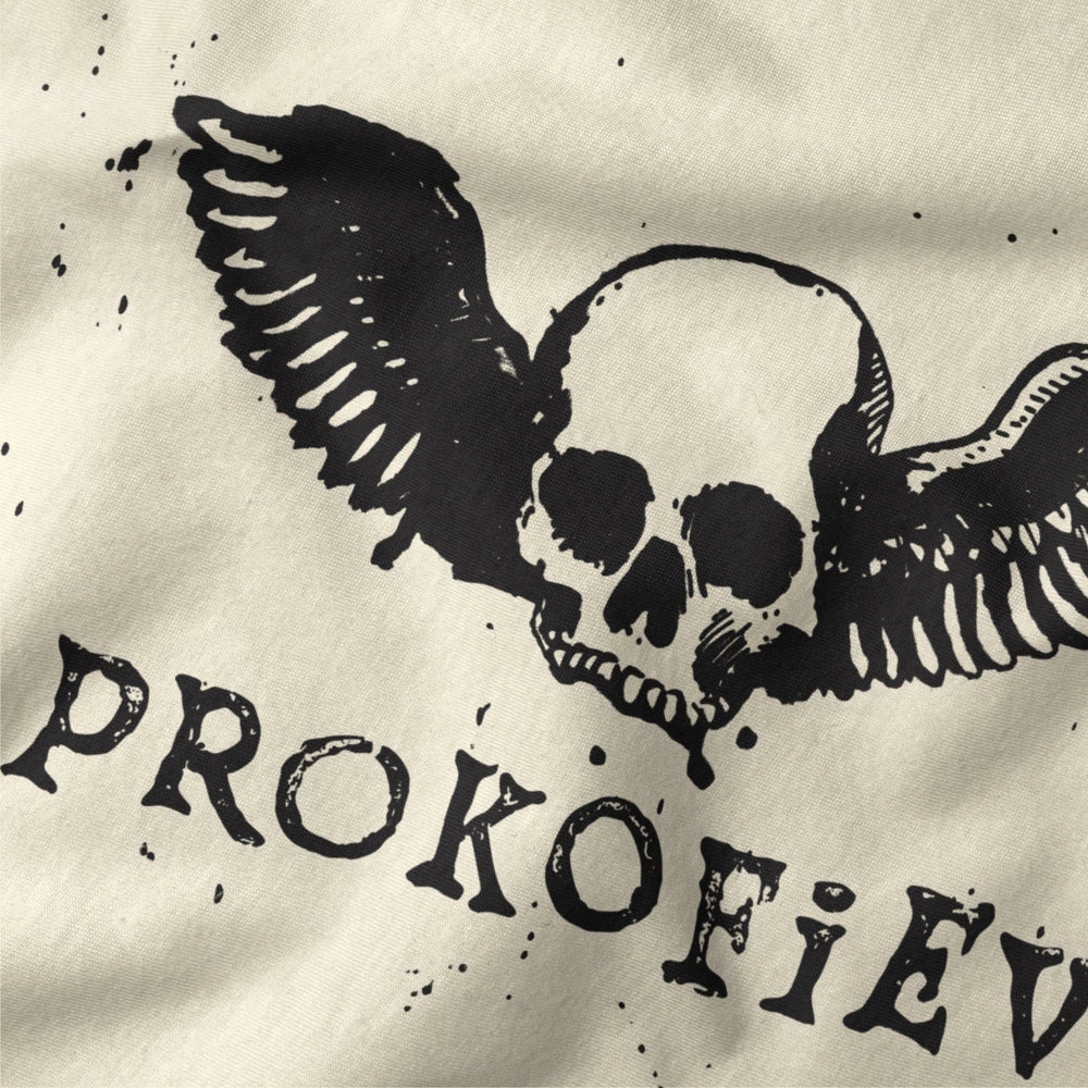 prokofiev: skull classic tee in natural, close-up of the print