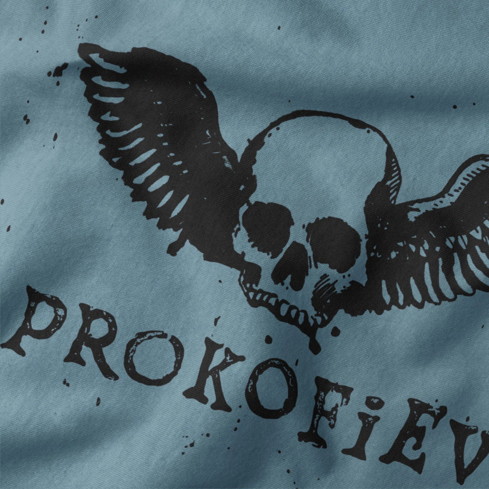 prokofiev: skull classic tee in steel blue, close-up of the print
