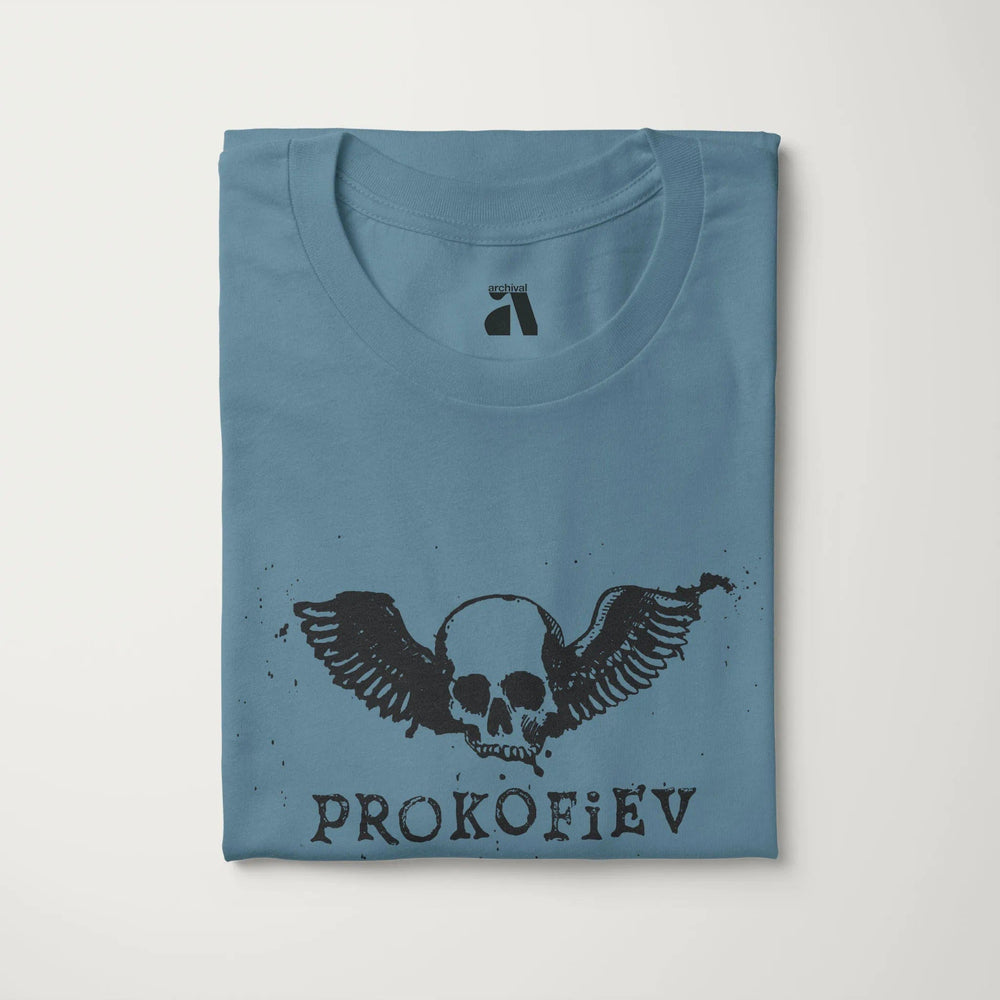 prokofiev: skull classic tee in steel blue, folded