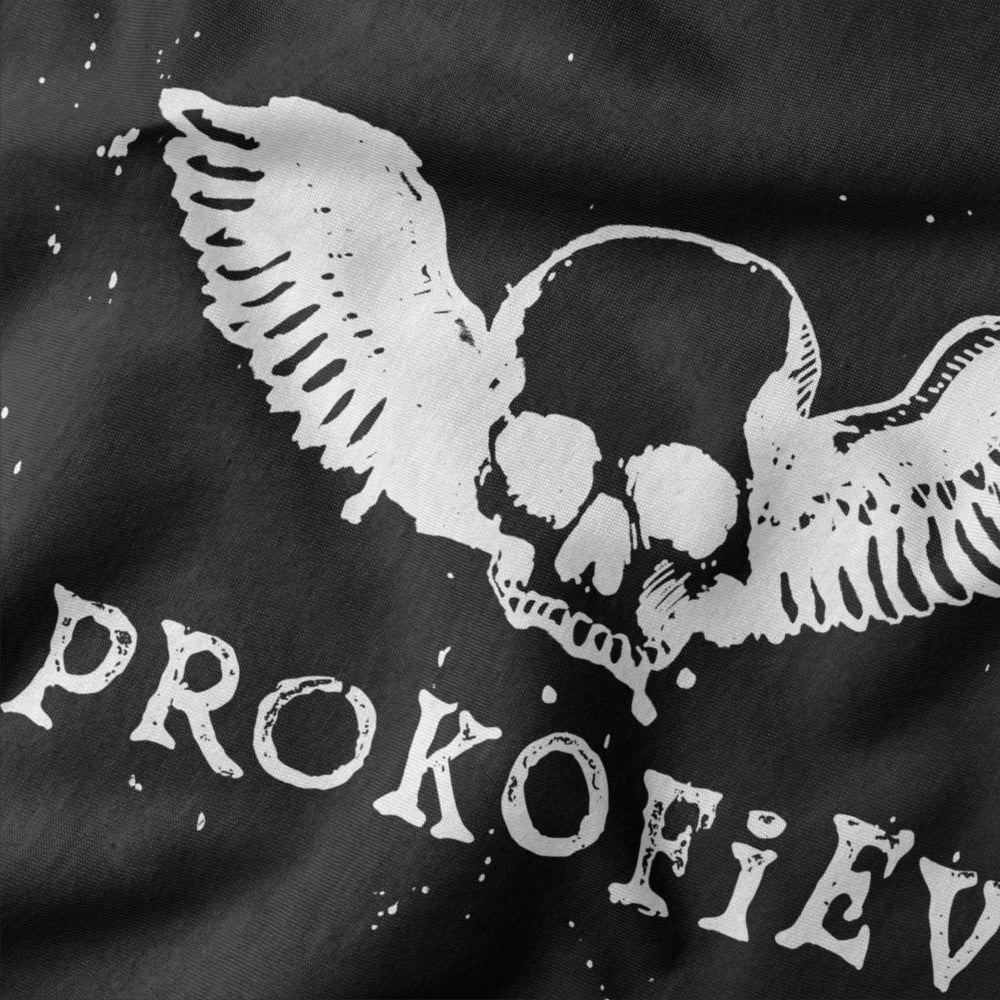 prokofiev: skull classic tee in vintage black, close-up of the print