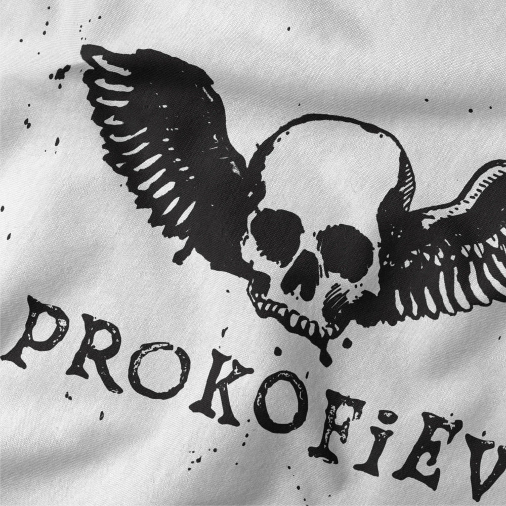 prokofiev: skull classic tee in vintage white, close-up of the print