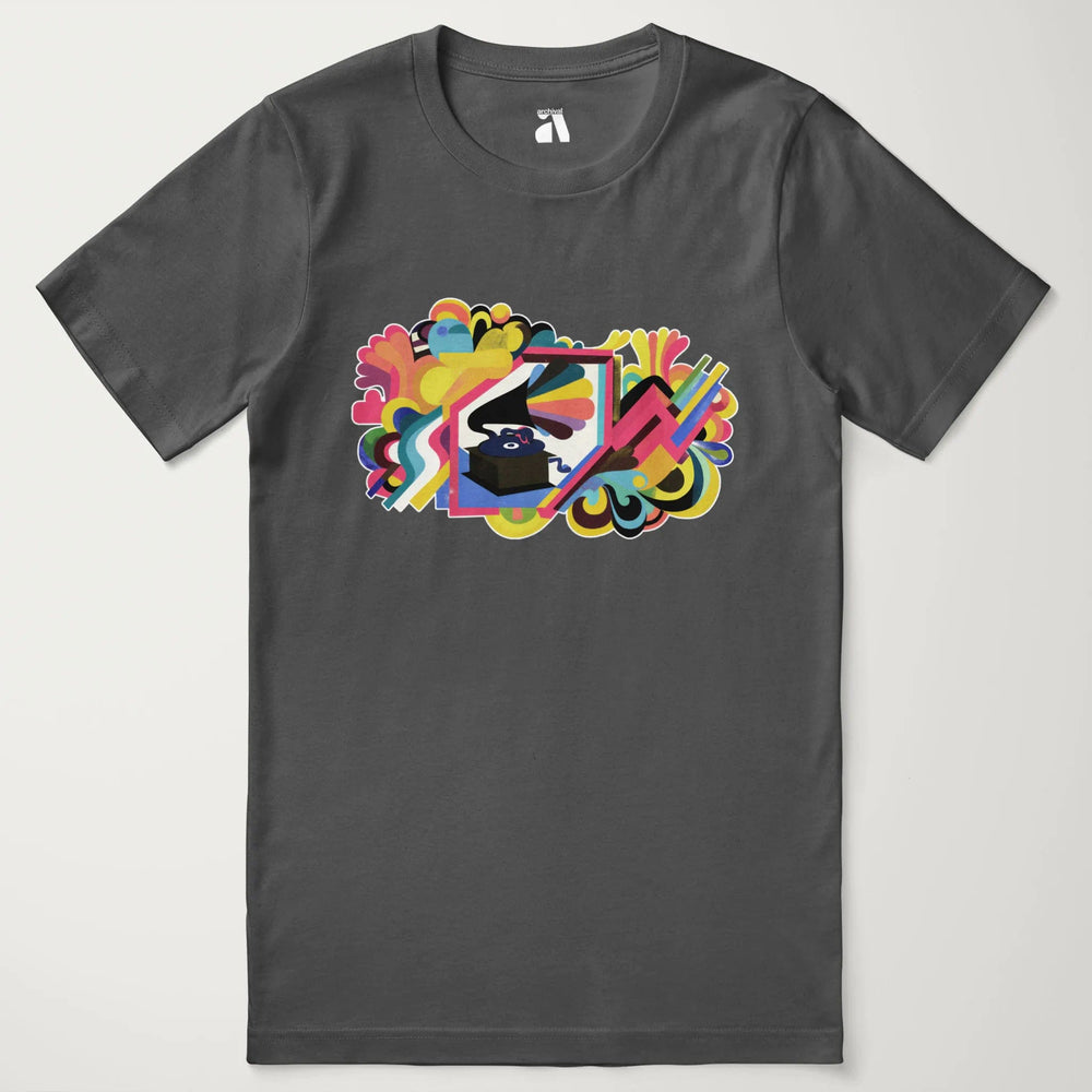 psychedelic phonograph classic tee in asphalt, laid flat