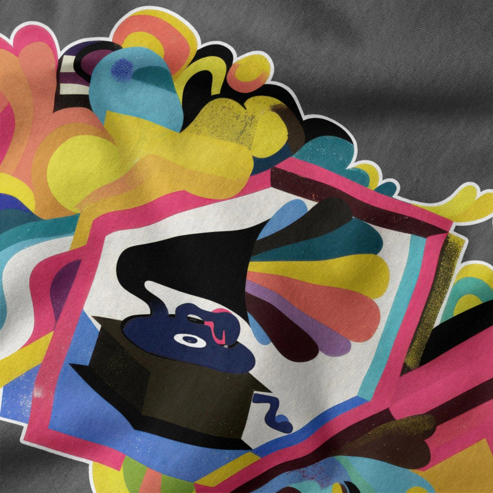 psychedelic phonograph classic tee in asphalt, close-up of the print