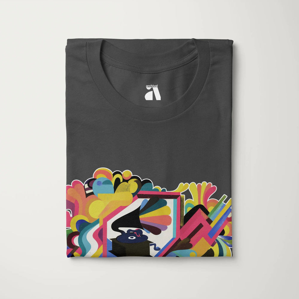 psychedelic phonograph classic tee in asphalt, folded