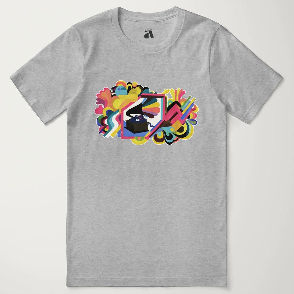 psychedelic phonograph classic tee in athletic heather, laid flat