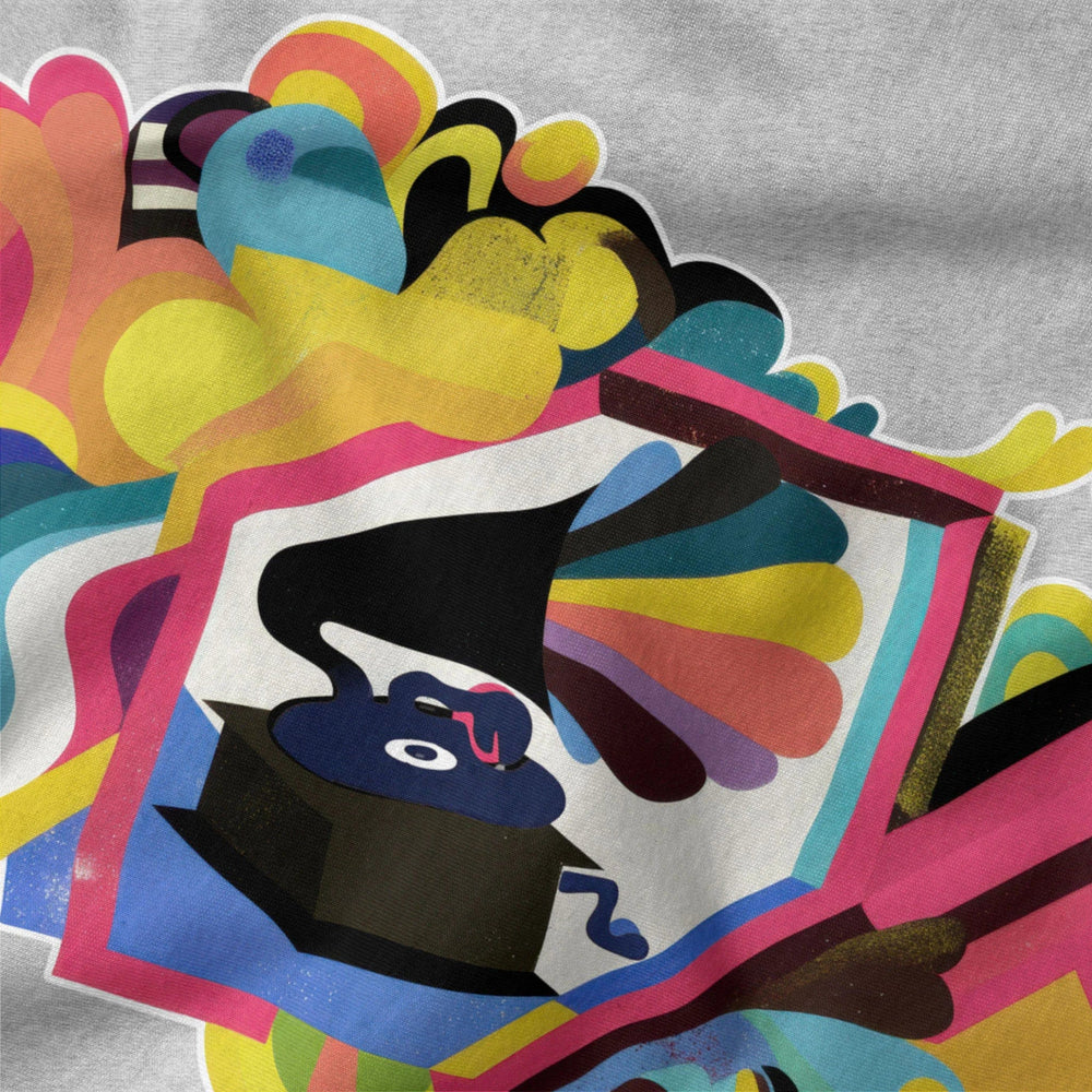 psychedelic phonograph classic tee in athletic heather, close-up of the print