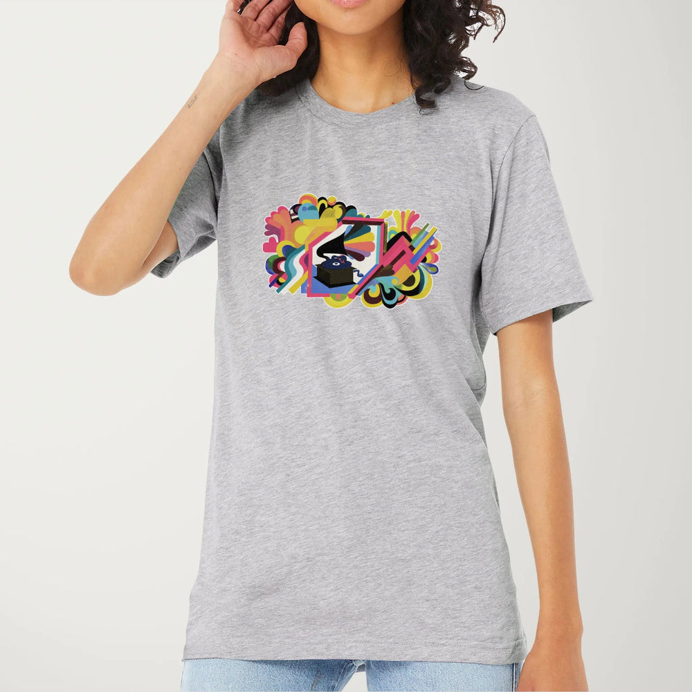 psychedelic phonograph classic tee in athletic heather, worn