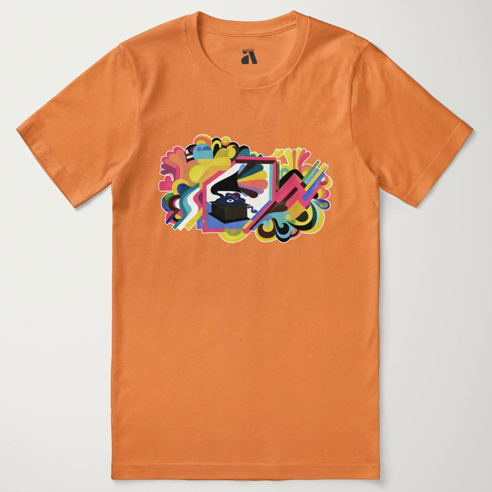 psychedelic phonograph classic tee in burnt orange, laid flat