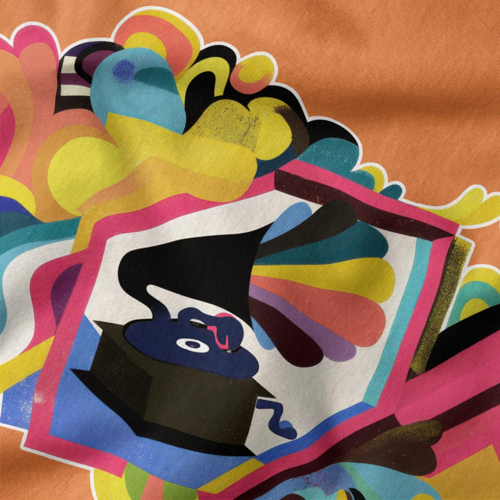 psychedelic phonograph classic tee in burnt orange, close-up of the print