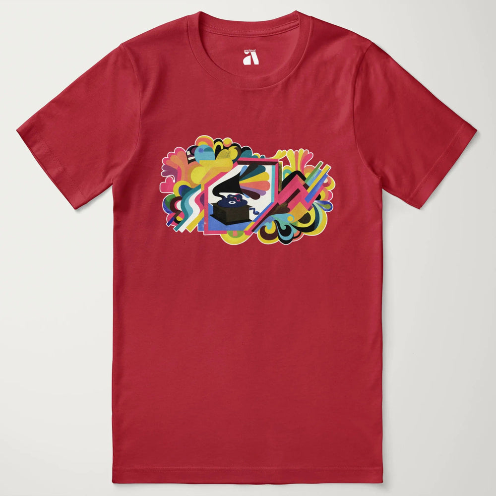 psychedelic phonograph classic tee in canvas red, laid flat