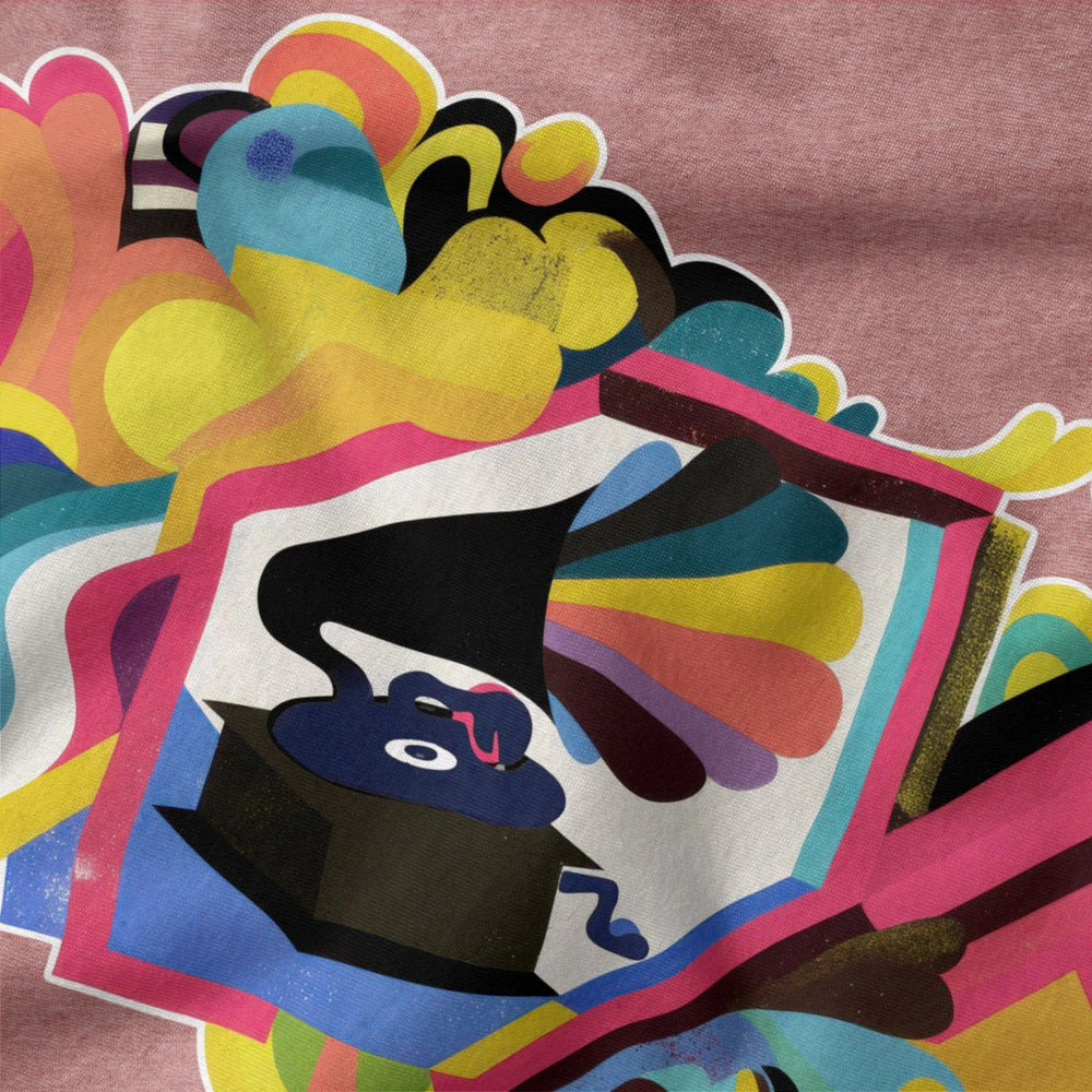 psychedelic phonograph classic tee in heather mauve, close-up of the print