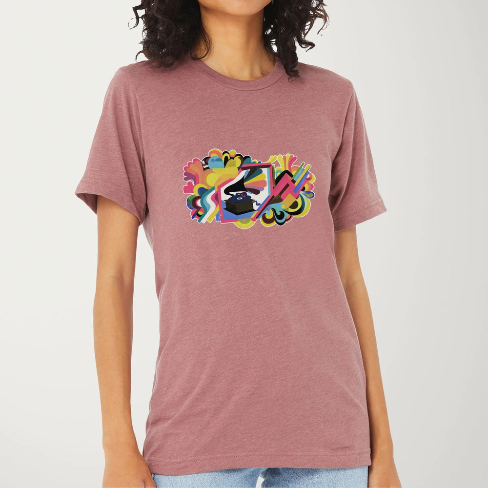 psychedelic phonograph classic tee in heather mauve, worn