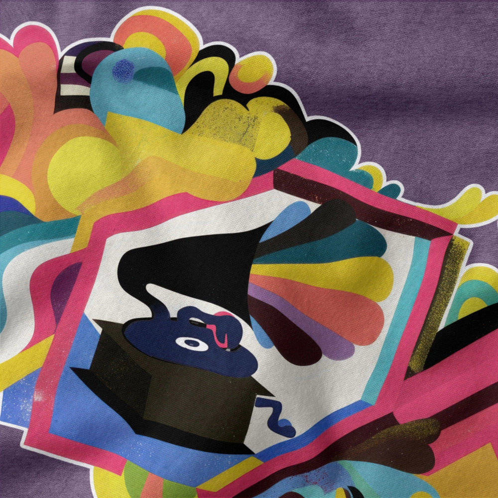 psychedelic phonograph classic tee in heather team purple, close-up of the print