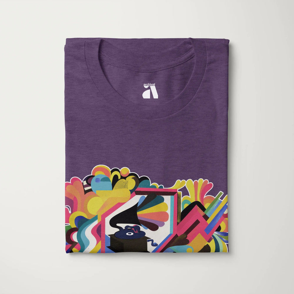 psychedelic phonograph classic tee in heather team purple, folded
