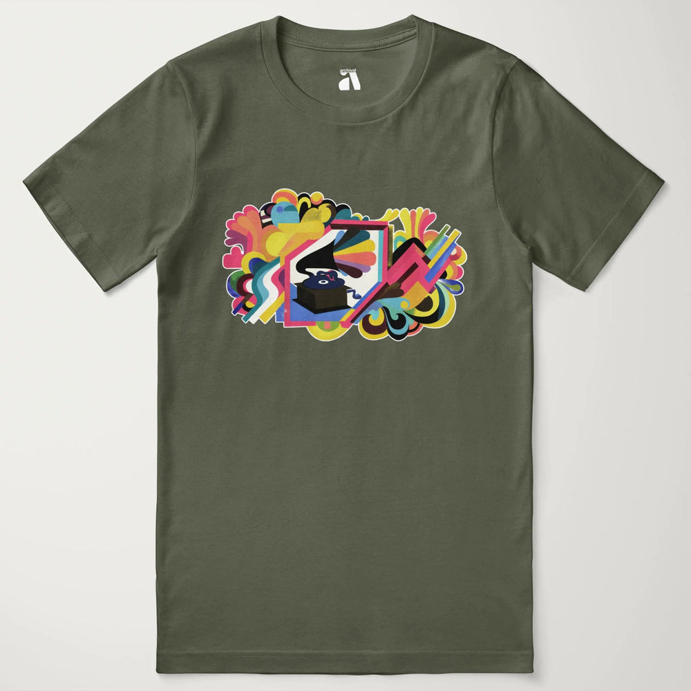 psychedelic phonograph classic tee in military green, laid flat