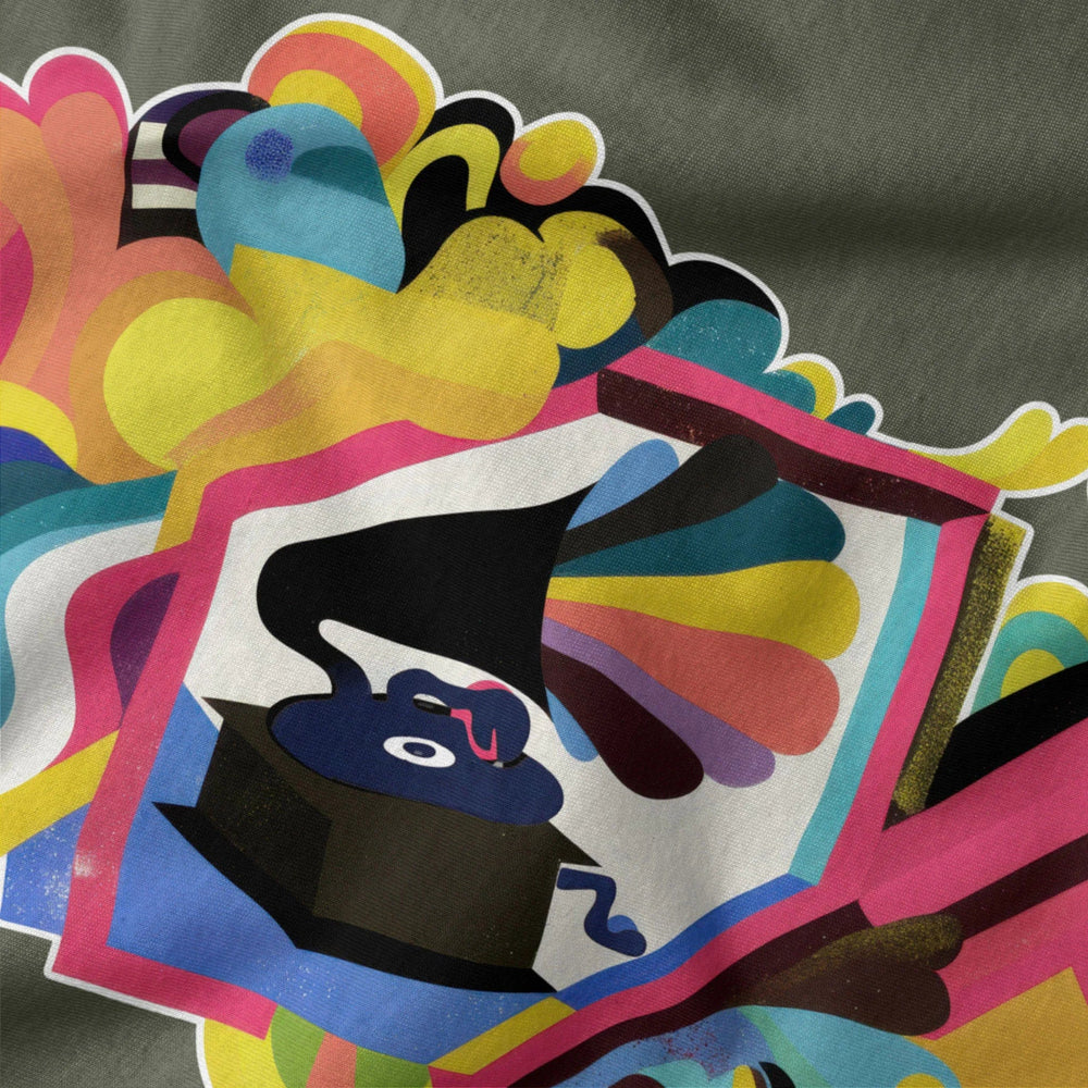 psychedelic phonograph classic tee in military green, close-up of the print