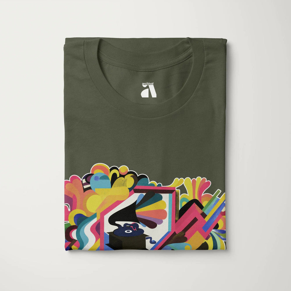 psychedelic phonograph classic tee in military green, folded