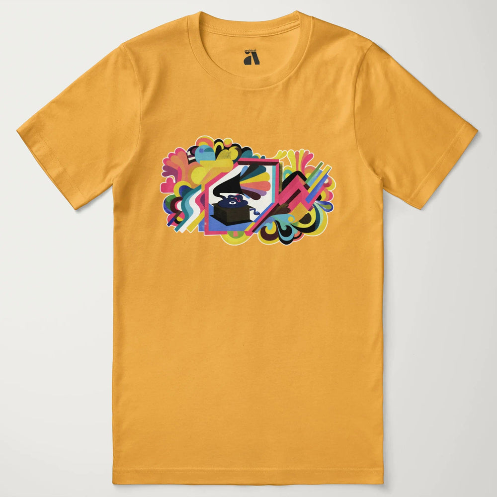 psychedelic phonograph classic tee in mustard, laid flat
