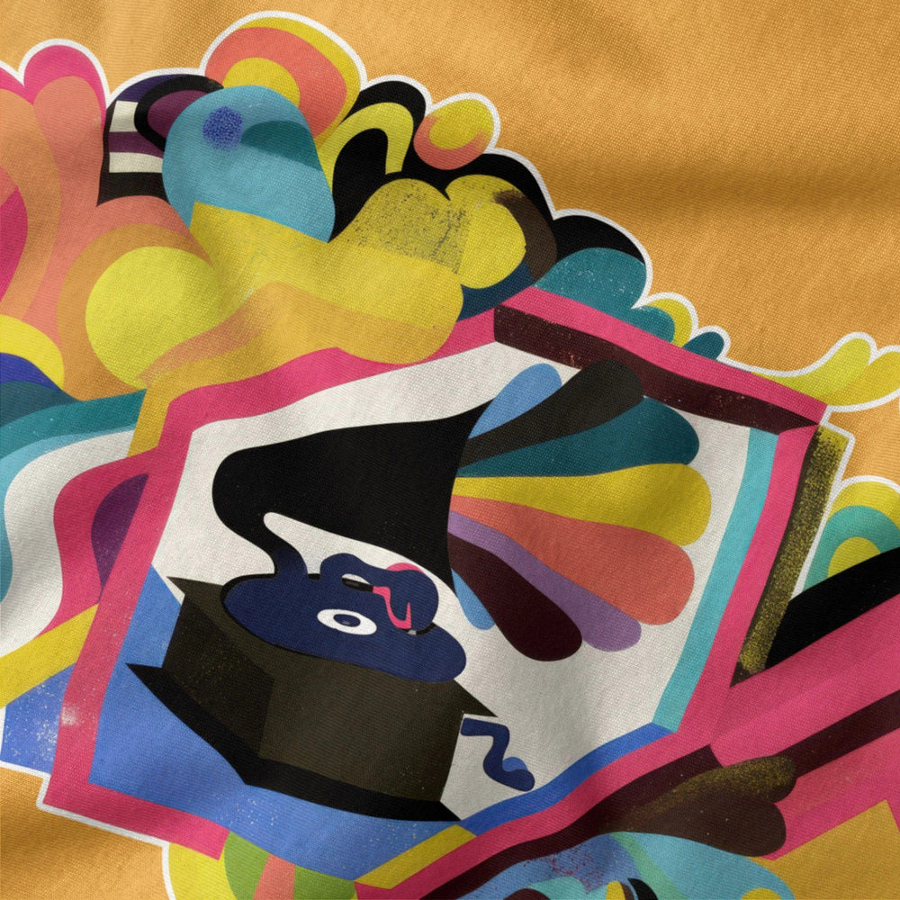 psychedelic phonograph classic tee in mustard, close-up of the print