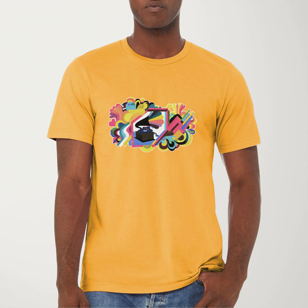 psychedelic phonograph classic tee in mustard, worn