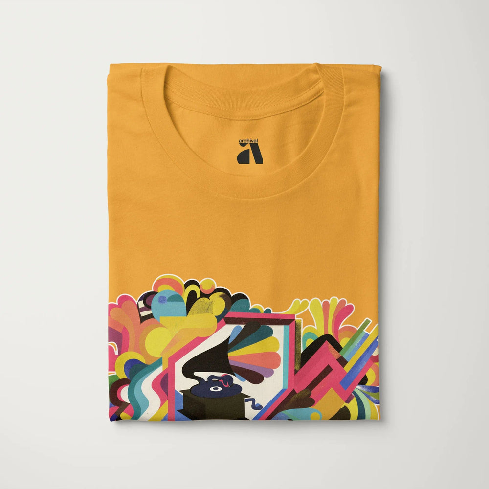 psychedelic phonograph classic tee in mustard, folded