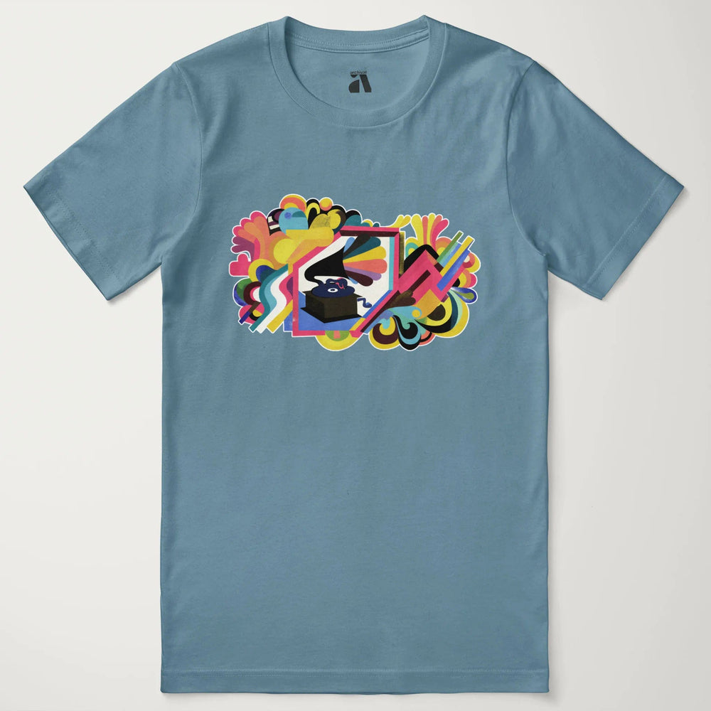 psychedelic phonograph classic tee in steel blue, laid flat