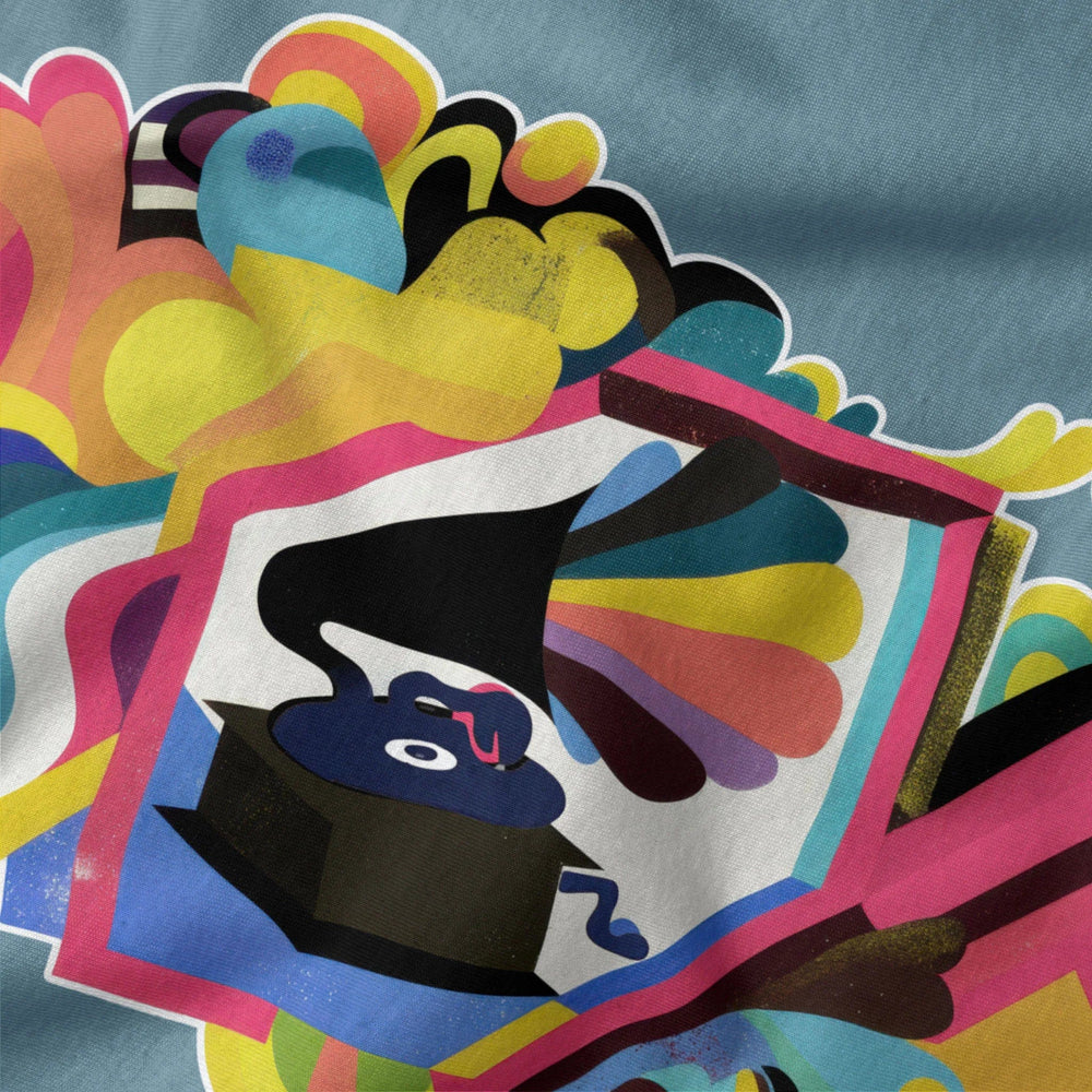 psychedelic phonograph classic tee in steel blue, close-up of the print