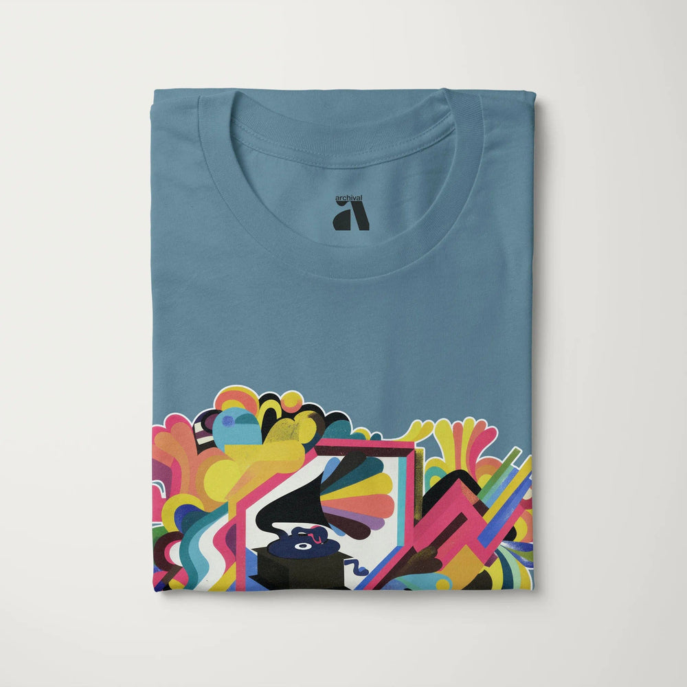 psychedelic phonograph classic tee in steel blue, folded